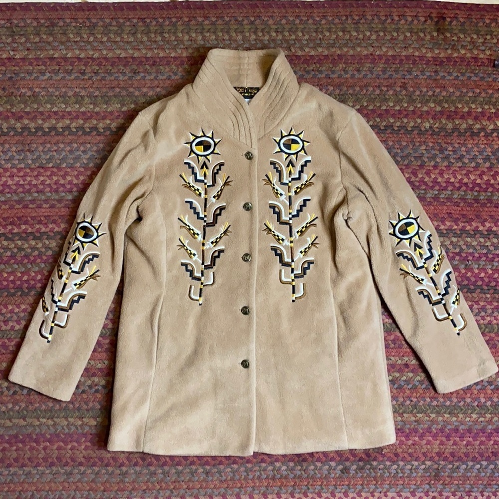 VINTAGE BOB MACKIE WEARABLE ART TAN WESTERN EMBROIDERED BUTTON UP JACKET